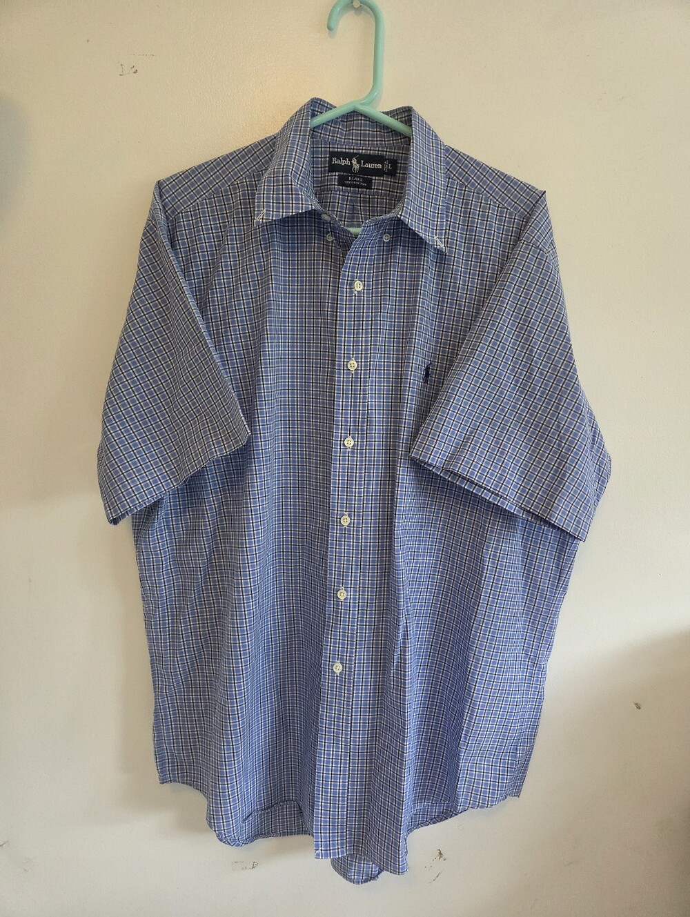 Ralph Lauren Men’s L Blue Plaid 100% Cotton Short Sleeve Shirt